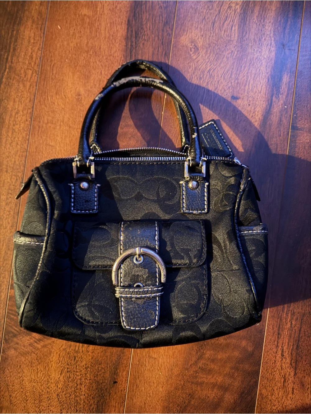 Coach Black Signature Satchel with Front Buckle Detail